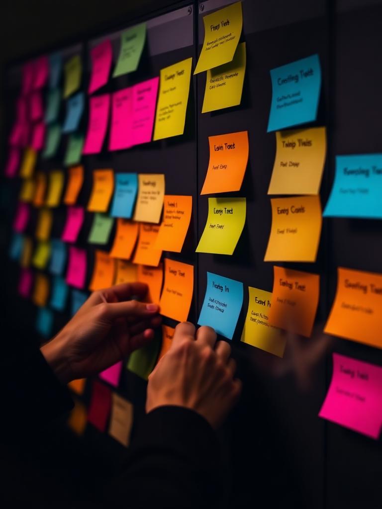 Quadro Kanban com post-its de workflow ágil